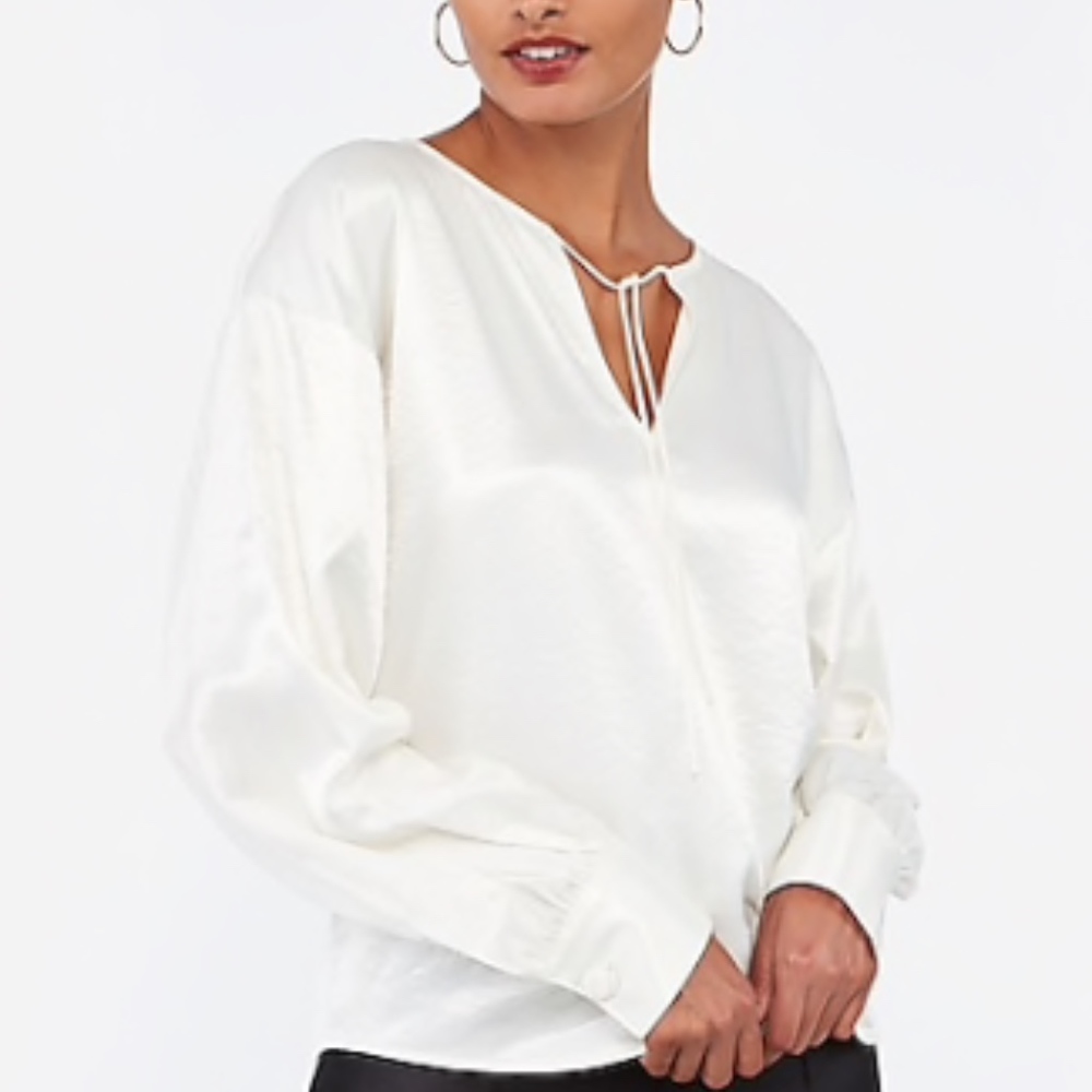 Express White Shiny Tie Neck Blouse